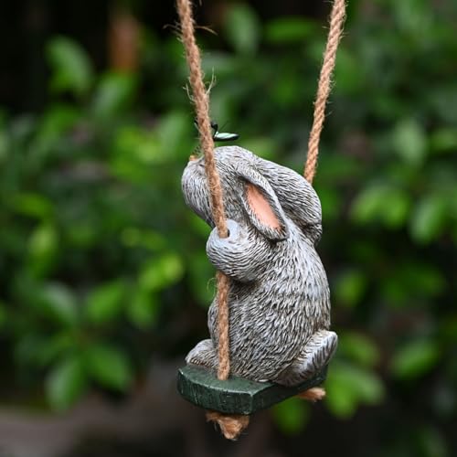 OwMell Garden Rabbit Statues, Cute Swing Bunny with Butterfly Statue Decoration for Yard Hanging Outdoor, Tree Ornaments Figurine for Stump Branch Lawn Patio Decor - Image 5