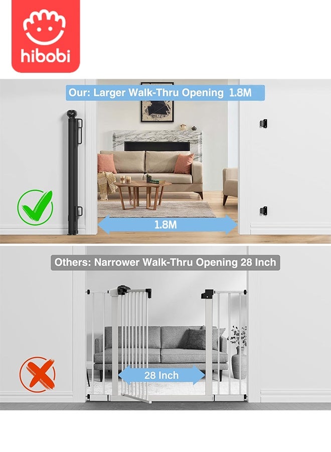 hibobi Retractable Baby & Pet Safety Gate | 180x86cm | No Bottom Bar, No Tripping | One-Hand Operation + Safety Lock | Adhesive/Screw Installation | For Stairs, Hallways, Balconies, Courtyards - Image 3