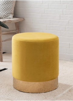 Generic Elegant pouf chair with a golden base - modern circular design for decoration - versatile use as an extra seat, footrest, or table - bright yellow color adds a luxurious touch to the bedroom or living room