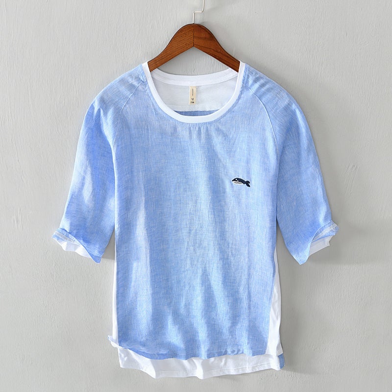 3351 Simple Solid Color T-Shirt Men'S Thin Breathable Cotton And Linen Stitching Casual Short-Sleeved T-Shirt Men'S One-Piece Hair - Image 1