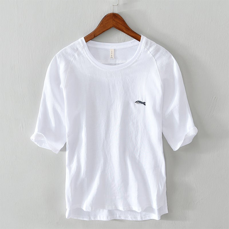 3351 Simple Solid Color T-Shirt Men'S Thin Breathable Cotton And Linen Stitching Casual Short-Sleeved T-Shirt Men'S One-Piece Hair - Image 2