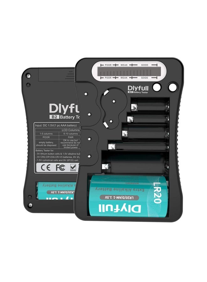 DLYFULL جهاز اختبار البطارية العالمي مع شاشة LCD جهاز فحص بطاريات صغيرة متعدد الأغراض لبطاريات AA و AAA و C و D و 9V و CR2032 و CR123A و CR2 و CRV3 و 2CR5 و CRP2 و 1.5V و 3V - Image 1