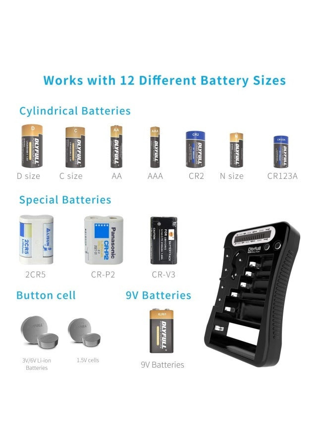 DLYFULL جهاز اختبار البطارية العالمي مع شاشة LCD جهاز فحص بطاريات صغيرة متعدد الأغراض لبطاريات AA و AAA و C و D و 9V و CR2032 و CR123A و CR2 و CRV3 و 2CR5 و CRP2 و 1.5V و 3V - Image 2