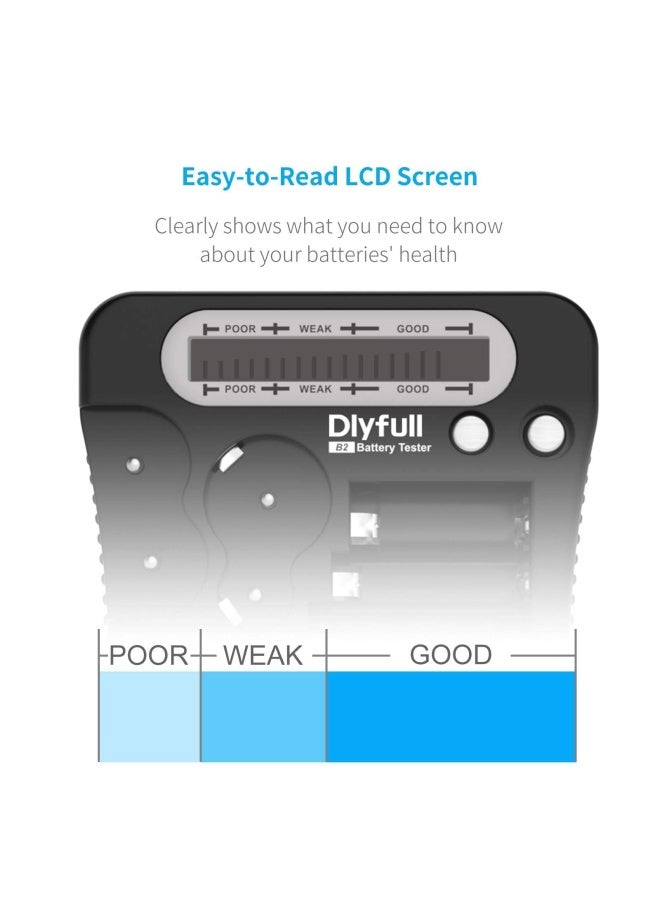 DLYFULL جهاز اختبار البطارية العالمي مع شاشة LCD جهاز فحص بطاريات صغيرة متعدد الأغراض لبطاريات AA و AAA و C و D و 9V و CR2032 و CR123A و CR2 و CRV3 و 2CR5 و CRP2 و 1.5V و 3V - Image 3