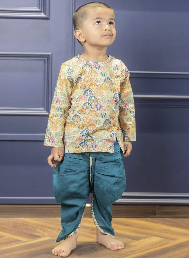 Polka Tots طقم دهوتي كورتا التقليدي الأنيق للأطفال الصغار من بولكا توتس - فستان عرقي ناعم من القطن للمهرجانات - زي هندي مريح للرضع والأطفال الصغار (اللون: أزرق، 4-5 سنوات) - Image 2