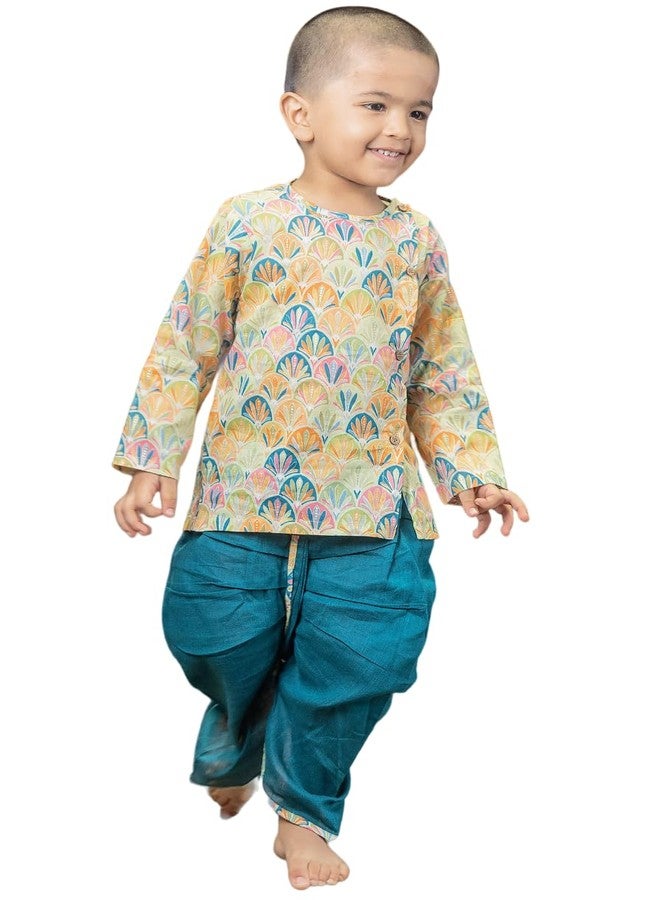 Polka Tots طقم دهوتي كورتا التقليدي الأنيق للأطفال الصغار من بولكا توتس - فستان عرقي ناعم من القطن للمهرجانات - زي هندي مريح للرضع والأطفال الصغار (اللون: أزرق، 4-5 سنوات) - Image 1