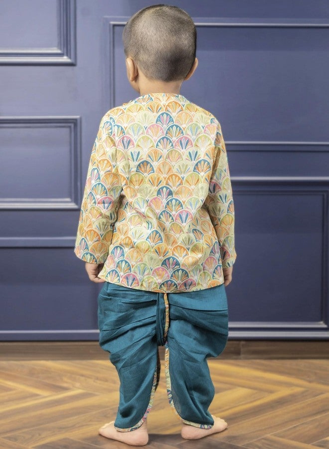 Polka Tots طقم دهوتي كورتا التقليدي الأنيق للأطفال الصغار من بولكا توتس - فستان عرقي ناعم من القطن للمهرجانات - زي هندي مريح للرضع والأطفال الصغار (اللون: أزرق، 4-5 سنوات) - Image 3