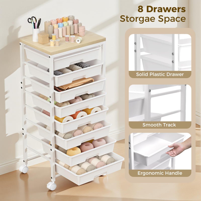 Time Forest Rolling Cart with 8 Drawers, Plastic Drawer Storage Carts with Wheels & Wooden Tabletop, Metal Utility Cart Organizer for Bedroom Living Room Office Classroom Craft Organization and Storage, White - Image 3