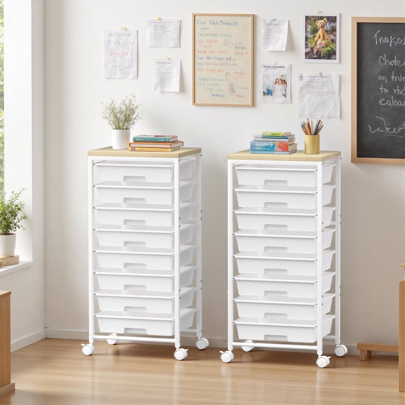 Time Forest Rolling Cart with 8 Drawers, Plastic Drawer Storage Carts with Wheels & Wooden Tabletop, Metal Utility Cart Organizer for Bedroom Living Room Office Classroom Craft Organization and Storage, White - Image 2