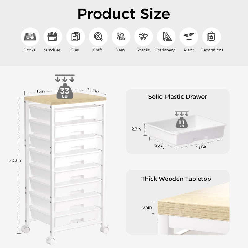 Time Forest Rolling Cart with 8 Drawers, Plastic Drawer Storage Carts with Wheels & Wooden Tabletop, Metal Utility Cart Organizer for Bedroom Living Room Office Classroom Craft Organization and Storage, White - Image 4