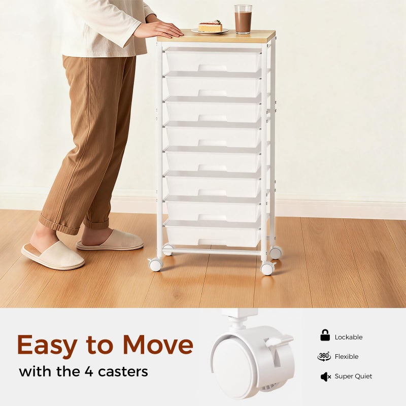 Time Forest Rolling Cart with 8 Drawers, Plastic Drawer Storage Carts with Wheels & Wooden Tabletop, Metal Utility Cart Organizer for Bedroom Living Room Office Classroom Craft Organization and Storage, White - Image 5