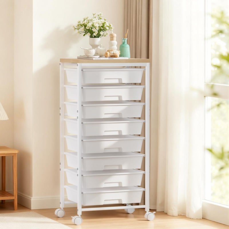 Time Forest Rolling Cart with 8 Drawers, Plastic Drawer Storage Carts with Wheels & Wooden Tabletop, Metal Utility Cart Organizer for Bedroom Living Room Office Classroom Craft Organization and Storage, White - Image 1