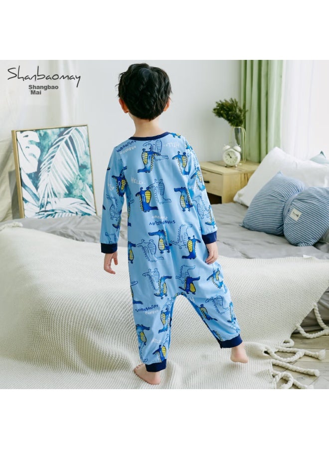 Shanbaomay Autumn Children's Long-sleeved Jumpsuit Combed Cotton Thin Boys' Home Wear Sky Blue Mr. Crocodile 90cm - Image 2