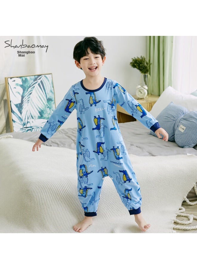 Shanbaomay Autumn Children's Long-sleeved Jumpsuit Combed Cotton Thin Boys' Home Wear Sky Blue Mr. Crocodile 90cm - Image 1