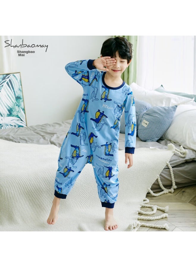 Shanbaomay Autumn Children's Long-sleeved Jumpsuit Combed Cotton Thin Boys' Home Wear Sky Blue Mr. Crocodile 90cm - Image 3