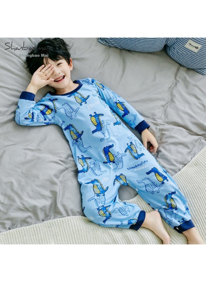 Shanbaomay Autumn Children's Long-sleeved Jumpsuit Combed Cotton Thin Boys' Home Wear Sky Blue Mr. Crocodile 90cm - Image 4