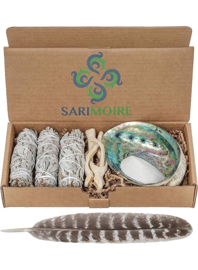Sarimoire Sage Smudge Kit - White Sage Smudge Sticks - 4in ~ Abalone Shell 5-6in ~ 2in Tripod Stand ~ 10-12in Feather and White Sand - Image 1