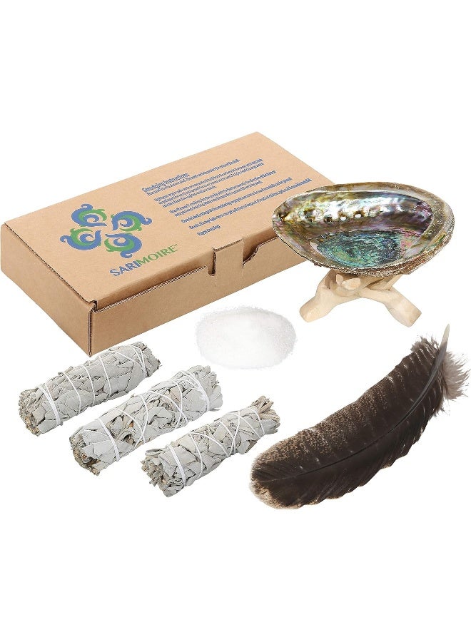 Sarimoire Sage Smudge Kit - White Sage Smudge Sticks - 4in ~ Abalone Shell 5-6in ~ 2in Tripod Stand ~ 10-12in Feather and White Sand - Image 2