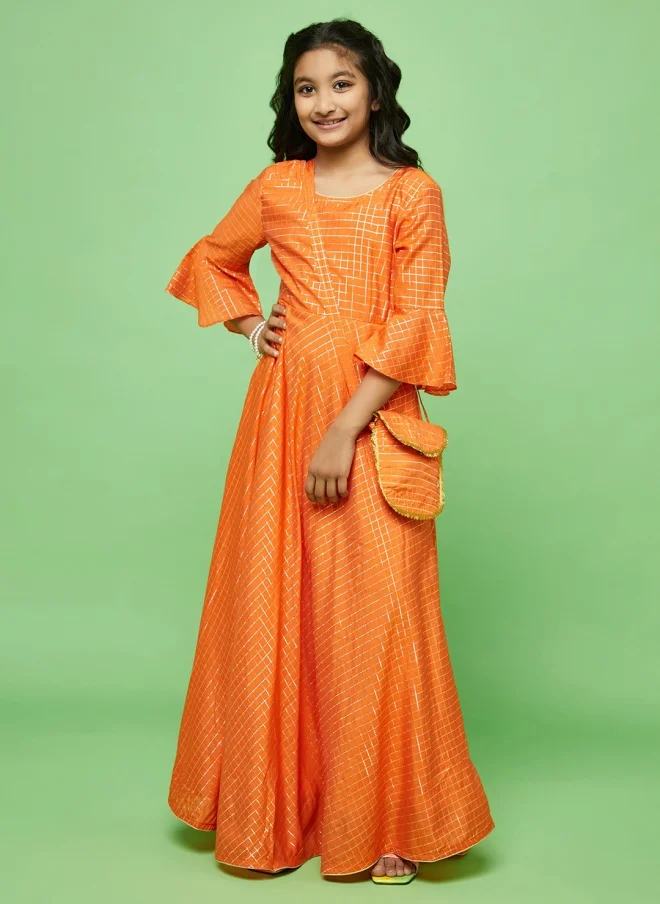 أيه كيه إس Orange Checked Maxi Dress For Girls