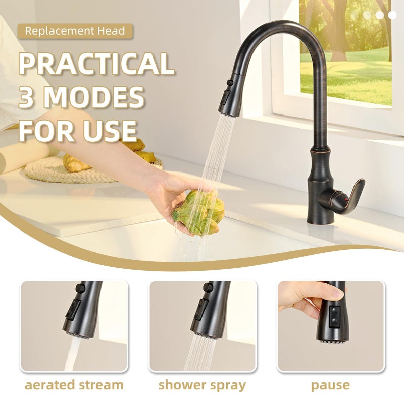 Angle Simple Faucet Head Replacement Thread Type G 1/2 Male, Kitchen Sink Sprayer, Stream Spray and Pause Mode, Oil Rubbed Bronze - Image 3