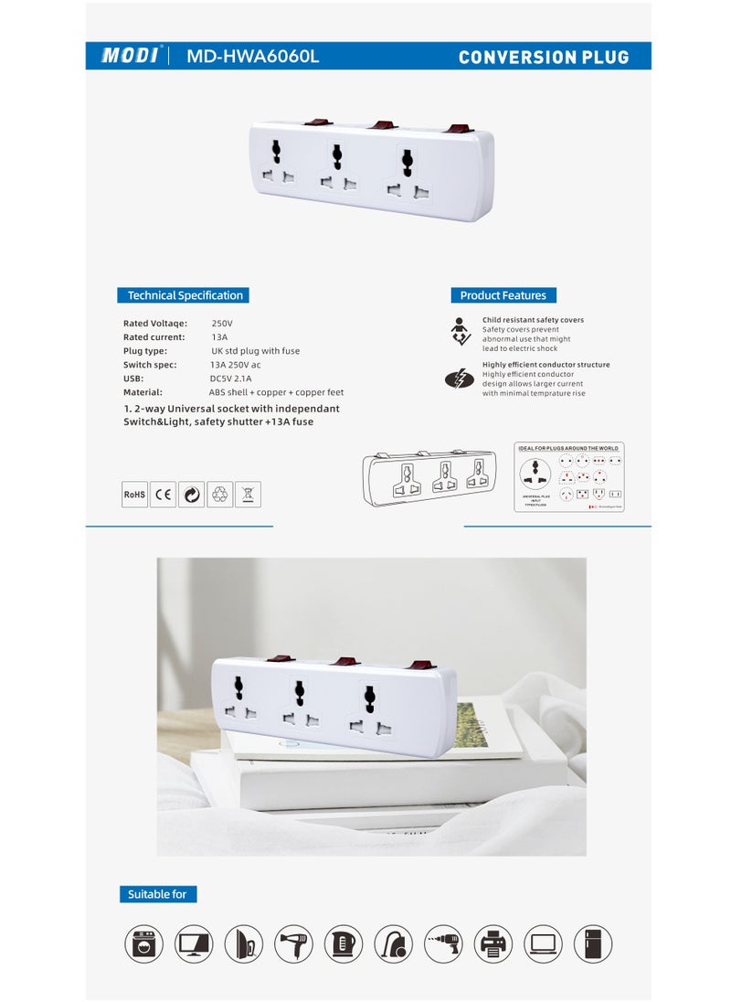 MODI Adapter 6  Multi Plug Power Extension  Way Universal Wall Socket UK 3 Pin Socket For Home Office And Kitchen  - Image 2