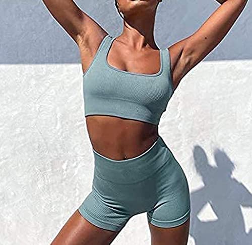 YESDOO Women's Workout Outfits Ribbed Tank 2 Piece Seamless High Waist Gym Outfit Yoga Shorts Leggings Sets - Image 3