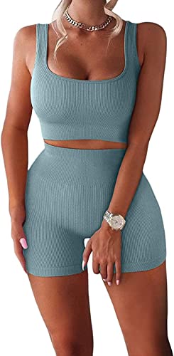 YESDOO Women's Workout Outfits Ribbed Tank 2 Piece Seamless High Waist Gym Outfit Yoga Shorts Leggings Sets - Image 1