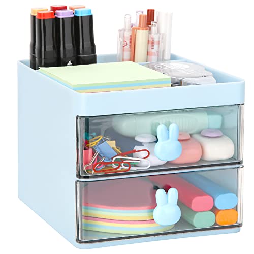 LETURE Small Desk Organizer With Drawer, Office Desktop Storage Box, Business Card/Pen/Pencil/Mobile Phone/Stationery Holder Storage Box, Makeup Organizer for Office School Home (Blue) - Image 1