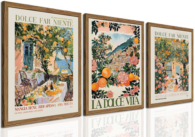 Italy Travel Wall Art Set of 3 Amalfi Coast Wall Decor Trendy Italian Food Kitchen Poster Canvas Prints Vintage City Landscape Artwork for Dining Room Living Room 12x16 inch Wood Framed