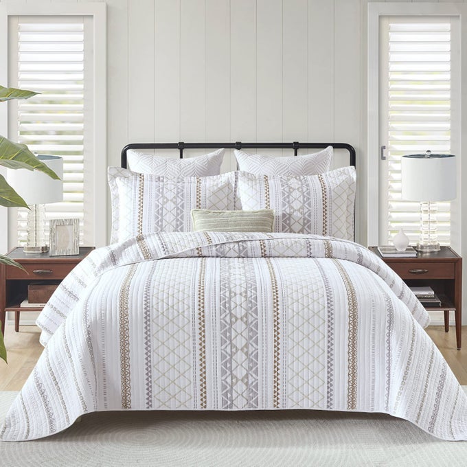 QUEEN QUILT SET 100 COTTON QUEEN SIZE QUILTED BEDSPREAD REVERSIBLE BOHO STRIPED BED SPREAD LIGHTWEIGHT COMFORTER FOR ALL SEASON 3 PIECES WHITEBROWNGREY