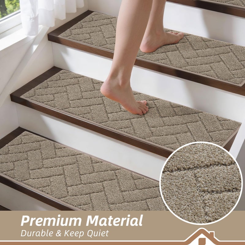 BEQHAUSE Edging Stair Treads for Wooden Steps 9" x 28", Non Slip Carpet Stair Treads Indoor Stair Runners, Soft Stair Rugs, Machine Washable, 100% Polyester, TPE Backing, 15pcs, Beige - Image 3