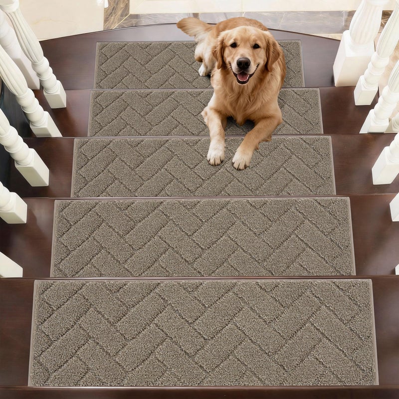 BEQHAUSE Edging Stair Treads for Wooden Steps 9" x 28", Non Slip Carpet Stair Treads Indoor Stair Runners, Soft Stair Rugs, Machine Washable, 100% Polyester, TPE Backing, 15pcs, Beige - Image 1