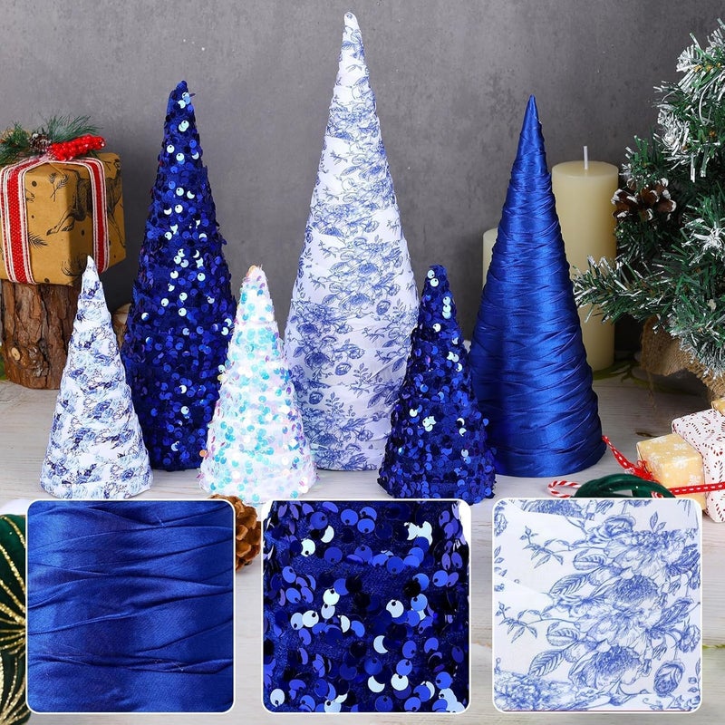 YLOLUL 6 Pcs 12" 10" 6" Christmas Cone Tree Decorations Blue White Velvet Porcelain Glitter Table Decor Farmhouse Tiered Tray Ornament Xmas Tree for Home Holiday Entryway Tabletop Centerpiece Decorations - Image 4