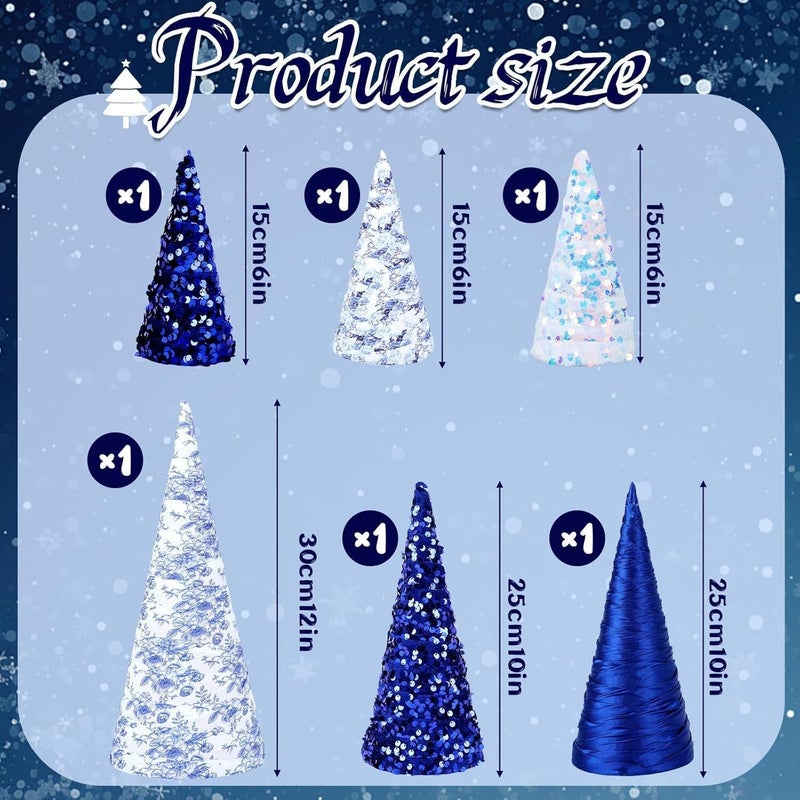 YLOLUL 6 Pcs 12" 10" 6" Christmas Cone Tree Decorations Blue White Velvet Porcelain Glitter Table Decor Farmhouse Tiered Tray Ornament Xmas Tree for Home Holiday Entryway Tabletop Centerpiece Decorations - Image 3