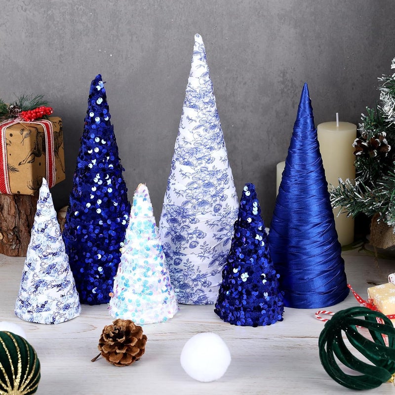 YLOLUL 6 Pcs 12" 10" 6" Christmas Cone Tree Decorations Blue White Velvet Porcelain Glitter Table Decor Farmhouse Tiered Tray Ornament Xmas Tree for Home Holiday Entryway Tabletop Centerpiece Decorations - Image 2
