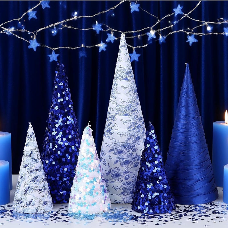 YLOLUL 6 Pcs 12" 10" 6" Christmas Cone Tree Decorations Blue White Velvet Porcelain Glitter Table Decor Farmhouse Tiered Tray Ornament Xmas Tree for Home Holiday Entryway Tabletop Centerpiece Decorations - Image 1