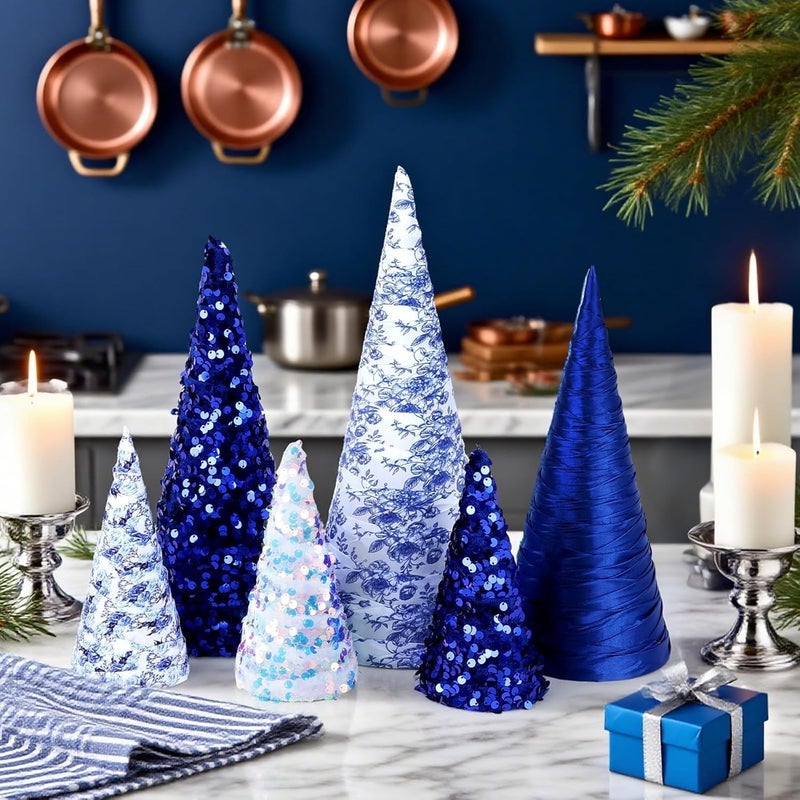 YLOLUL 6 Pcs 12" 10" 6" Christmas Cone Tree Decorations Blue White Velvet Porcelain Glitter Table Decor Farmhouse Tiered Tray Ornament Xmas Tree for Home Holiday Entryway Tabletop Centerpiece Decorations - Image 5