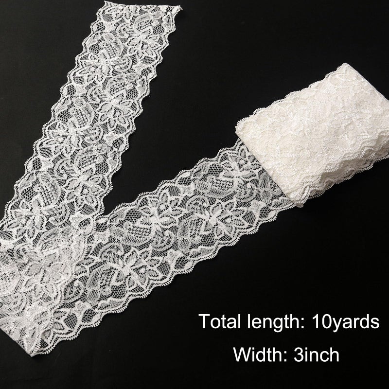 VGOODALL Bridal Wedding Lace Ribbon 3 Inch Wide 10 Yards - Stretchy Elastic Floral Lace Trim for Decoration, Gift Wrapping, DIY Crafts, Hair Bows, Sewing Projects - Image 5