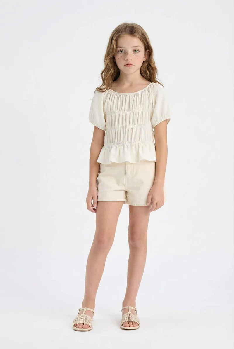 ديفاكتو Girl Relax Fit Crew Neck Crepe Short Sleeve Blouse