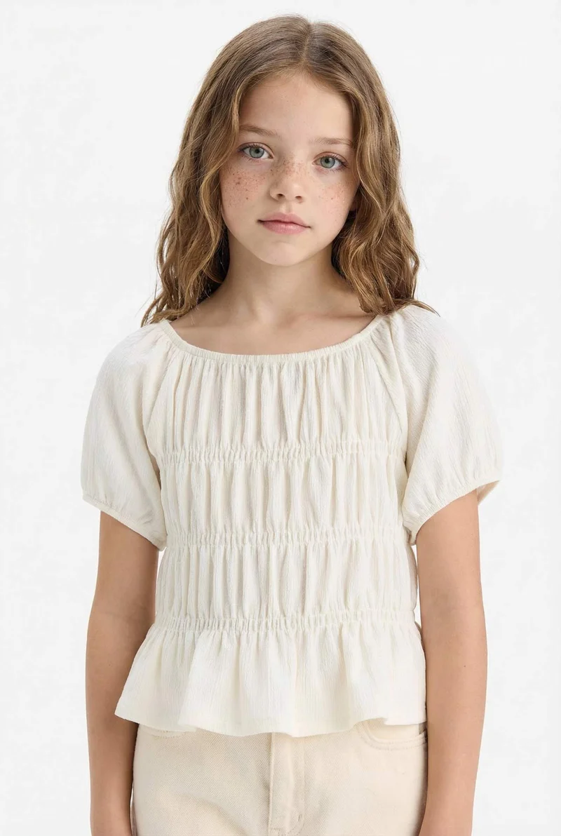 ديفاكتو Girl Relax Fit Crew Neck Crepe Short Sleeve Blouse