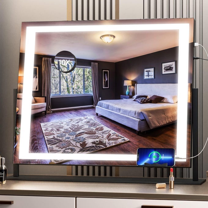 VANITY MIRROR WITH LIGHTS 242 X 197 LED MAKEUP MIRROR LIGHT UP MIRROR WITH 10X MAGNIFICATION AND USB PHONE HOLDER SMART TOUCH 3 COLORS DIMMABLE 360 ROTATION RIGHT ANGLE BLACK