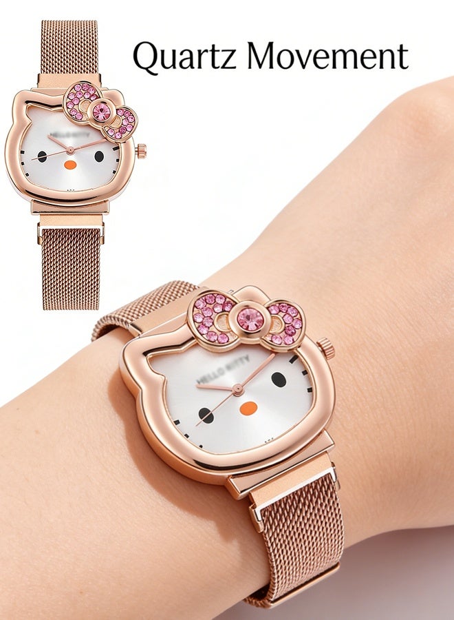 Hello Kitty Women's Watch - Diamond-Studded Bow Watch - Cartoon Cat Pattern Watch - Stainless Steel Strap - Quartz Watch - Suitable as a Gift - Image 1