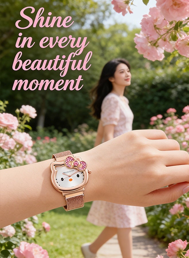 Hello Kitty Women's Watch - Diamond-Studded Bow Watch - Cartoon Cat Pattern Watch - Stainless Steel Strap - Quartz Watch - Suitable as a Gift - Image 4