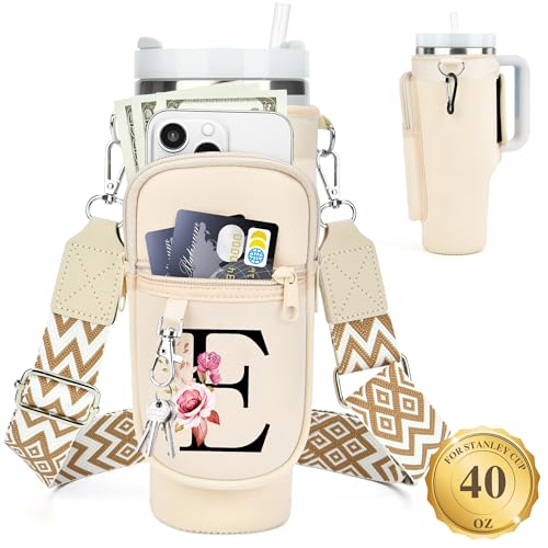 LOKASS Personalized Water Bottle Holder with Strap for Stanley Cup Accessories 40 oz Initial Stanley Cup Holder Carrier Bag with Phone Pocket Stylish Tumbler Accessories for Everyday Carry Beige E - Image 1