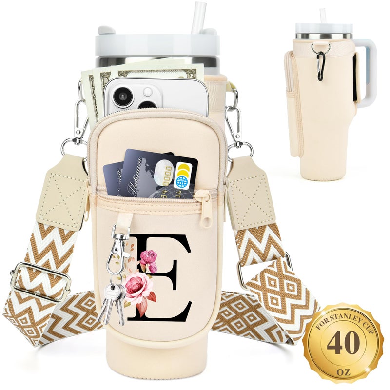 LOKASS Personalized Water Bottle Holder with Strap for Stanley Cup Accessories 40 oz Initial Stanley Cup Holder Carrier Bag with Phone Pocket Stylish Tumbler Accessories for Everyday Carry Beige E - Image 2