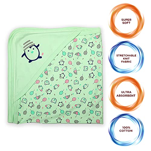 Luv Lap LuvLap Cotton Hooded Wrapper - Baby Towel for New Born | Big Size 75cm x 75cm | Soft, Safe & Skin-friendly | Perfect for Newborns 0-12 Months | Lightweight & Travel Friendly, Penguin Print - Sea Green - Image 2