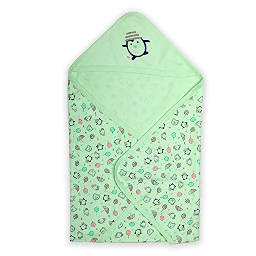 Luv Lap LuvLap Cotton Hooded Wrapper - Baby Towel for New Born | Big Size 75cm x 75cm | Soft, Safe & Skin-friendly | Perfect for Newborns 0-12 Months | Lightweight & Travel Friendly, Penguin Print - Sea Green - Image 1