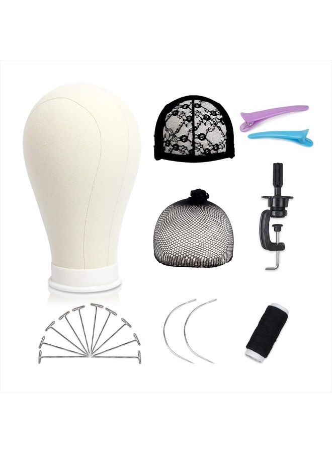 Bileaf 22 Inch Canvas Block Head Mannequin Wig Head With Stand for Styling Manikin Head Set Display Mannequin Head with Mount Holes(Creamy-White) - Image 1