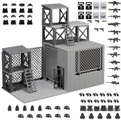 ELEFOCUS Military Scene Building Set WW2 Military PrisonMilitary Watchtower Includes Closed Cage Halloween Jail TRex Scene 8 Ghost Police Figures - Image 1