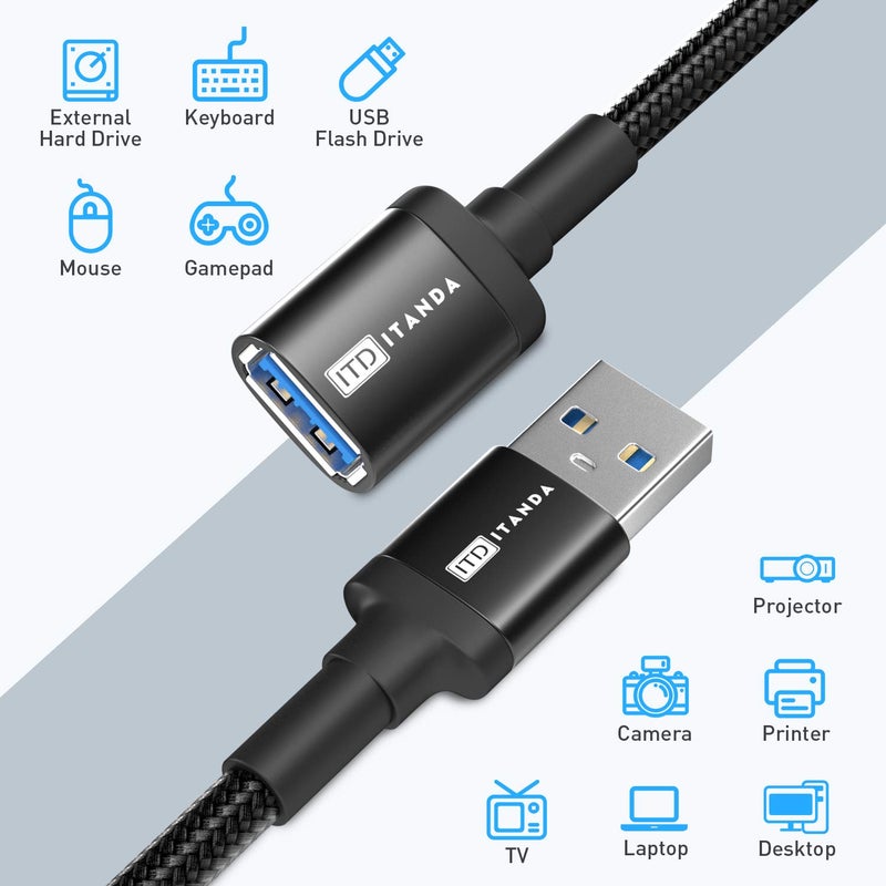 ITD ITANDA 10FT USB Extension Cable USB 3.0 Extension Cord Type A Male to Female 5Gbps Data Transfer for Keyboard, Mouse, PlayStation, Xbox, Flash Drive, Printer, Camera and More, Black - Image 5